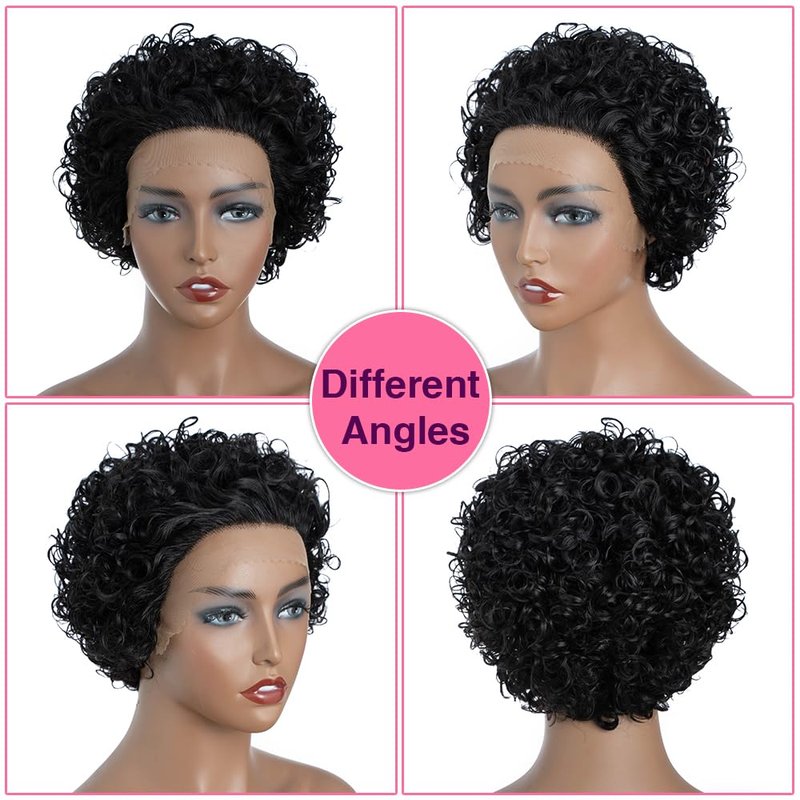 QUEEN VIRGIN REMY QVR Pixie Cut Wig Curly Lace Front Wigs 13x1 short curly lace front wigs human hair HD Lace Pixie Human Hair Wigs for Black Women Glueless Wigs (Natural Black)