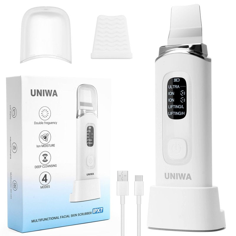 UNIWA Skin Scrubber Face Spatula, Ultrasonic Skin Scrubber Skin Spatula Pore Cleaner Blackhead Remover Tool for Facial Deep Cleansing-4 Modes, with LCD Display, IPX6 Waterproof - White