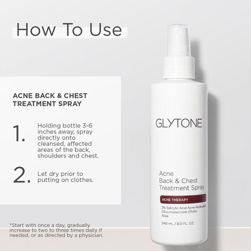 Glytone Chest & Back Acne Treatment Spray | 2% BHA Salicylic Acid & Gluconolactone | Quick-Dry, Fragrance-Free | 8 fl oz