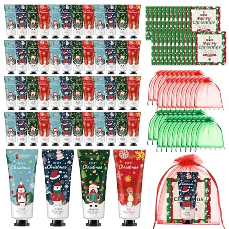 72 Set Christmas Hand Lotion Gift Bulk Christmas Hand Cream Travel Size Xmas Stocking Stuffers Holiday Mini Lotion with Organza Bag Greeting Card Party Supplies for Employee Coworkers Gifts