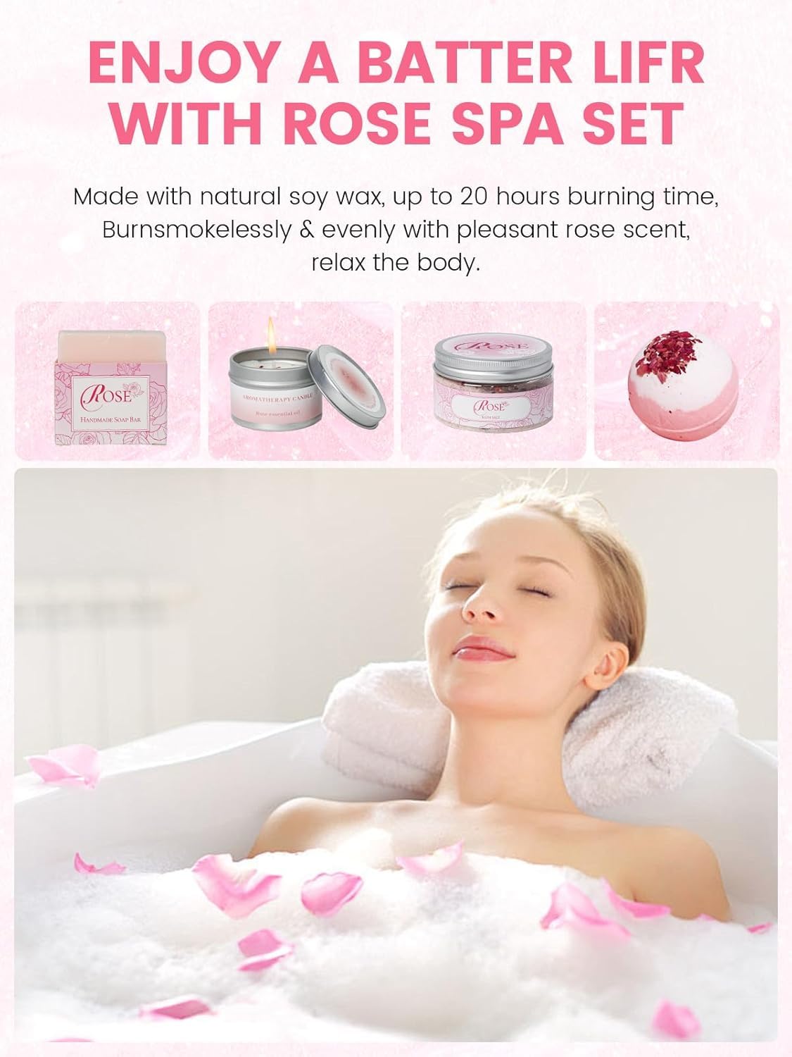 Spa Gifts for Women -15Pcs Self Care Set with Rose Bath & Body Essentials, Mother's Day/Thoughtful Day/Get Well Gifts/Birthday/Christmas/Bridal Shower Gift for Mom, Sister, Wife, Relaxing Home Spa Set