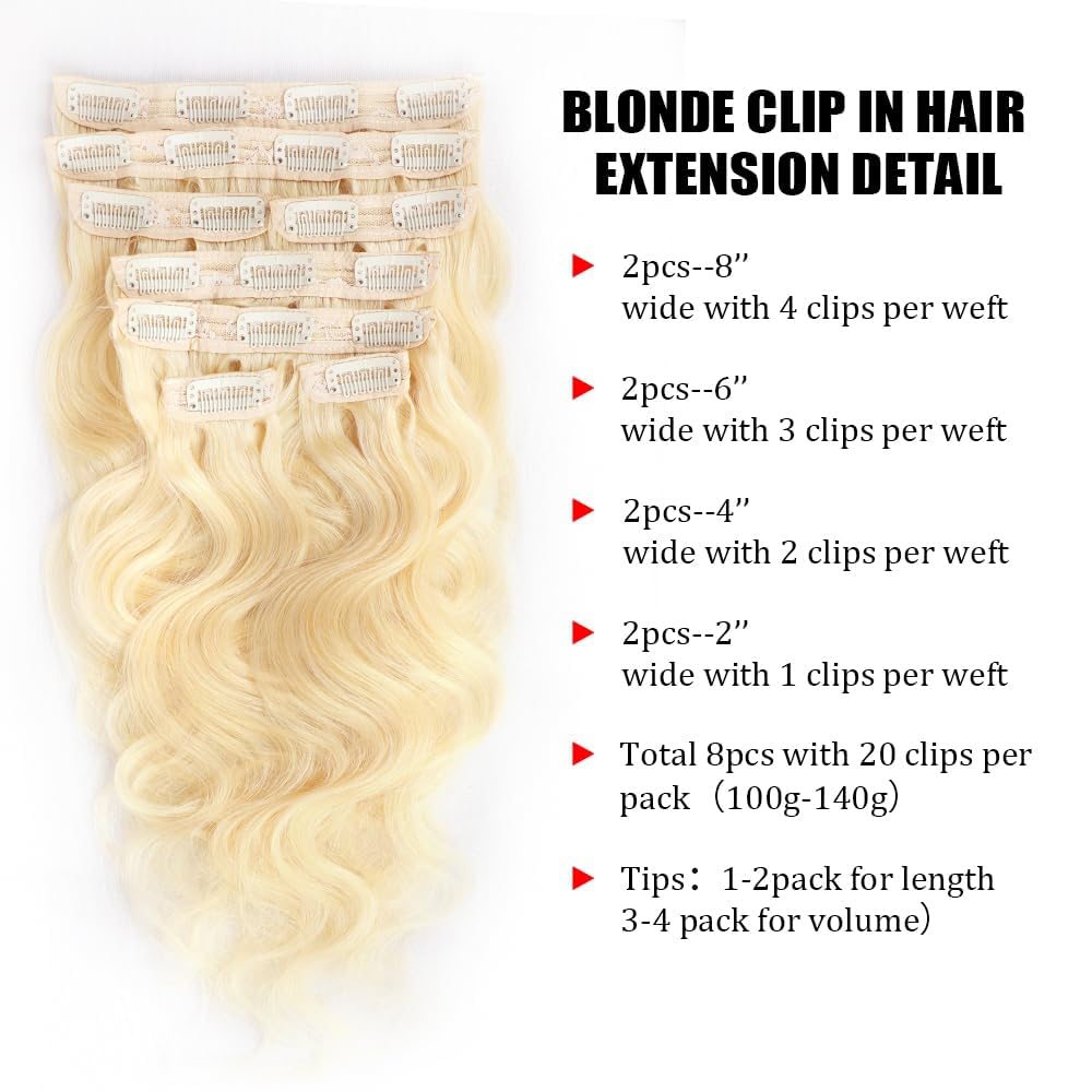 Real Human Hair Clip-In Extensions - 16 Inch Blonde Body Wave | 100% Brazilian Remy, 8pcs, 100g