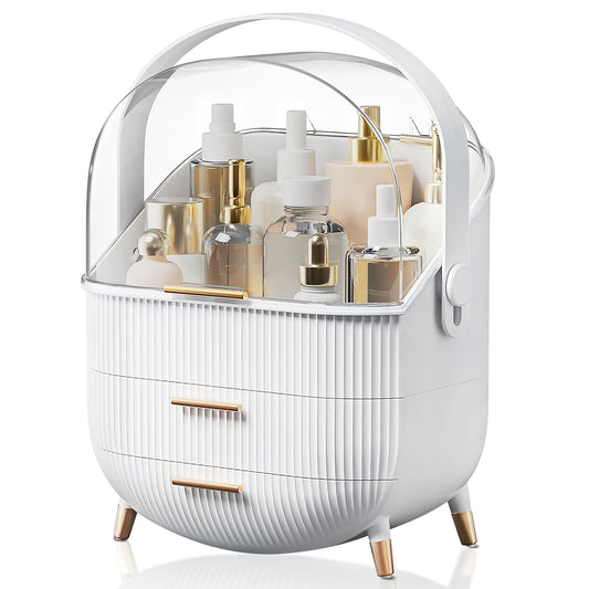 Makeup Organizer for Vanity - Countertop Cosmetic Storage with Drawers & Clear Cover | White