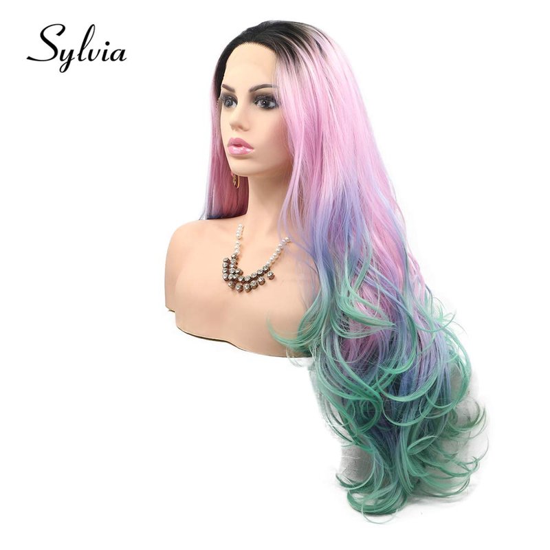 Sylvia Pink Purple Green Ombre Body Wave Synthetic Lace Front Wigs with Dark Roots 180% Density Multi color Half Hand Tied Heat Resistant Fiber Hair for Woman