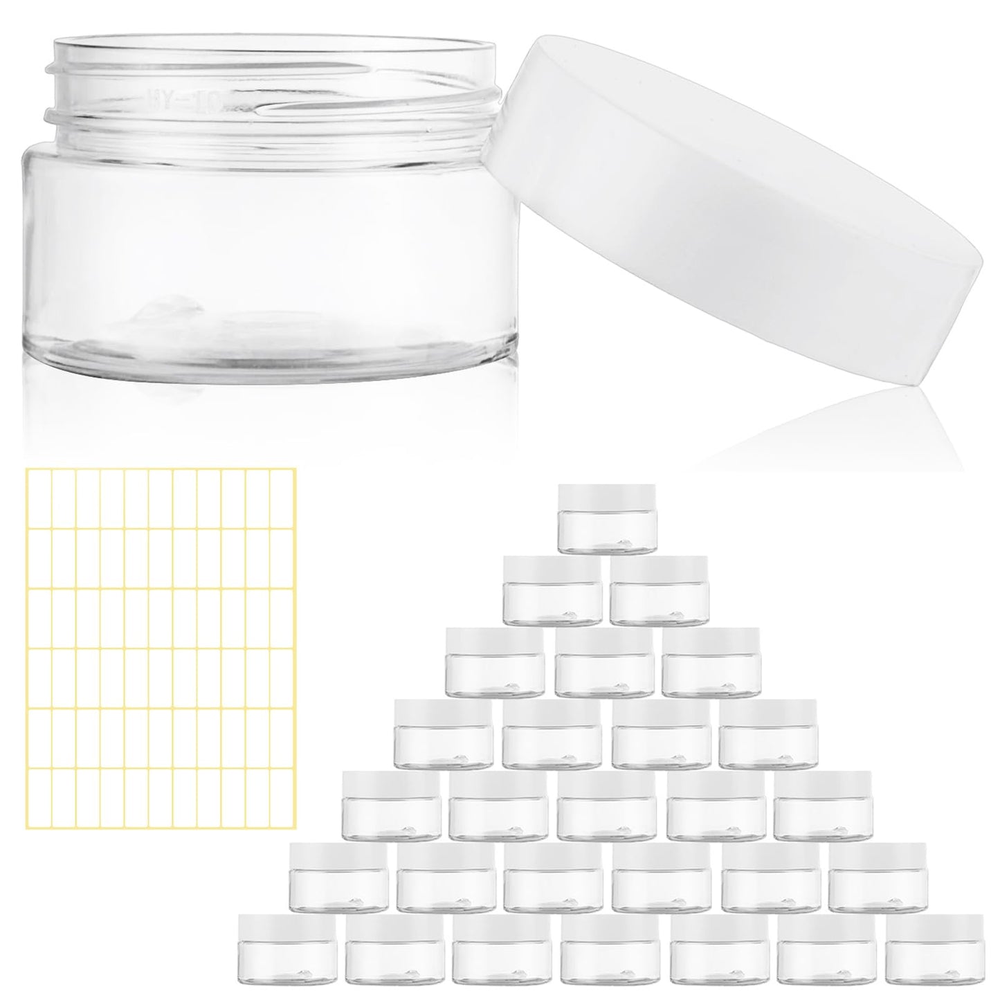 Acrux7 60 Pack 1oz Plastic Jars Round Clear Cosmetic Container Jars with White Lids, Refillable Empty Plastic Slime Jars for Lotion, Cream, Ointments, Makeup, Eye Shadow, Samples