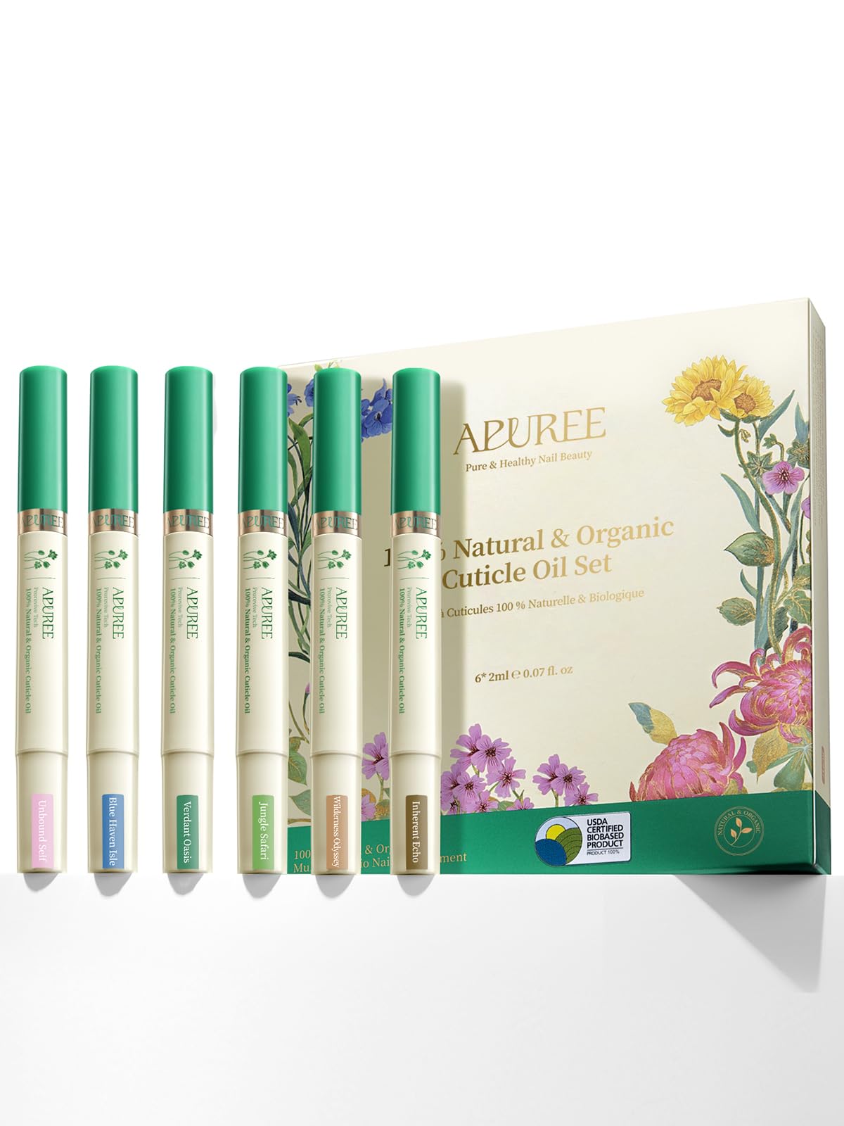 APUREE Organic Cuticle Oil Pen 6pcs| USDA Verified 100% Bio-Based Nail Strengthener & Growth Serum| Jojoba & Squalane Infused| Deep Moisture & Repair for Brittle, Thin, Peeling Nails & Dry Cuticles