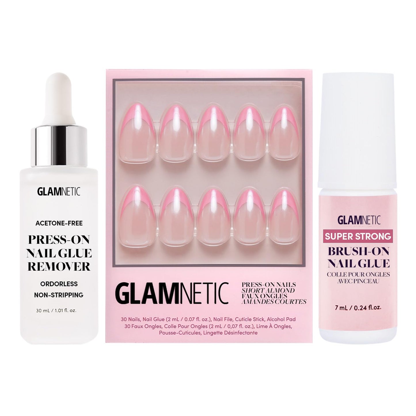 Press-On Nails - Bubble Gum Glaze Short Almond Pink French Tips | 30 Nail Kit with Super Strong Glue & Remover
