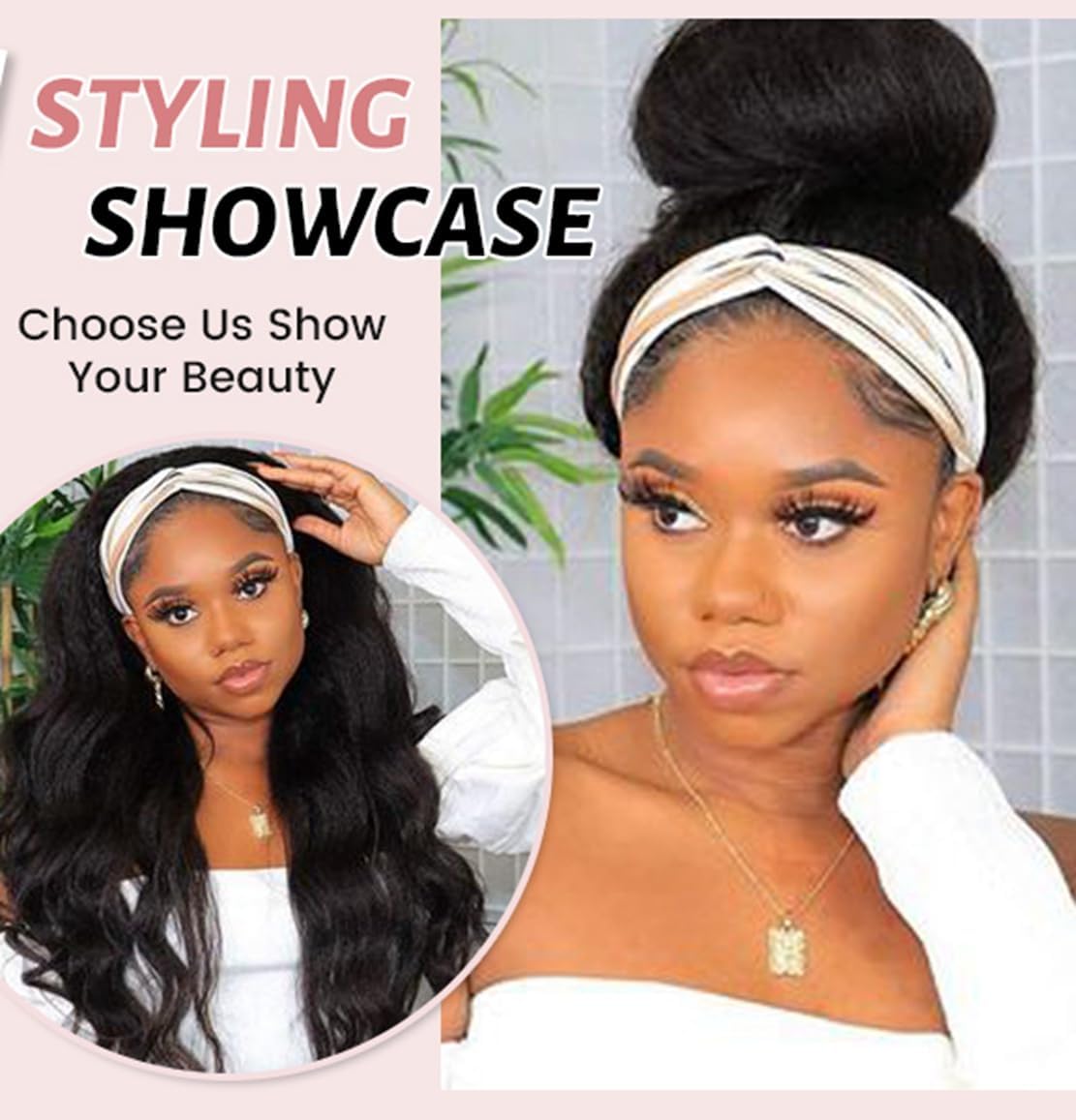 Emistar YAKI Body Wave Headband Wig Loose Curly Heabdand Wigs Glueless Synthetic Hair Natural Black Wigs for Black Women None Lace Front Wigs Headband Wigs 150% Density (Short)