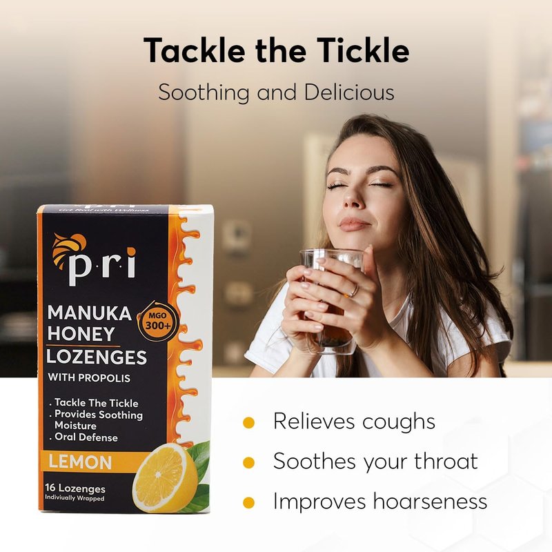 P.R.I Manuka Honey Lozenges with Propolis, Lemon Menthol Cough Drops, Natural Throat Drops, MGO 300+ Certified (16 Count, 2 Pack)