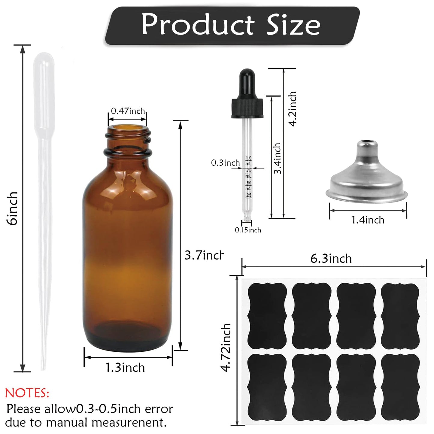 Z-synka 20 Pack,2 Oz Amber Glass Dropper Bottle With Measured Dropper Essential Oil Tincture Bottles,Funnels, Labels,60ml Brown Glass Dispenser Bottle for Oils,Serum,Liquid Medicine Travel Container