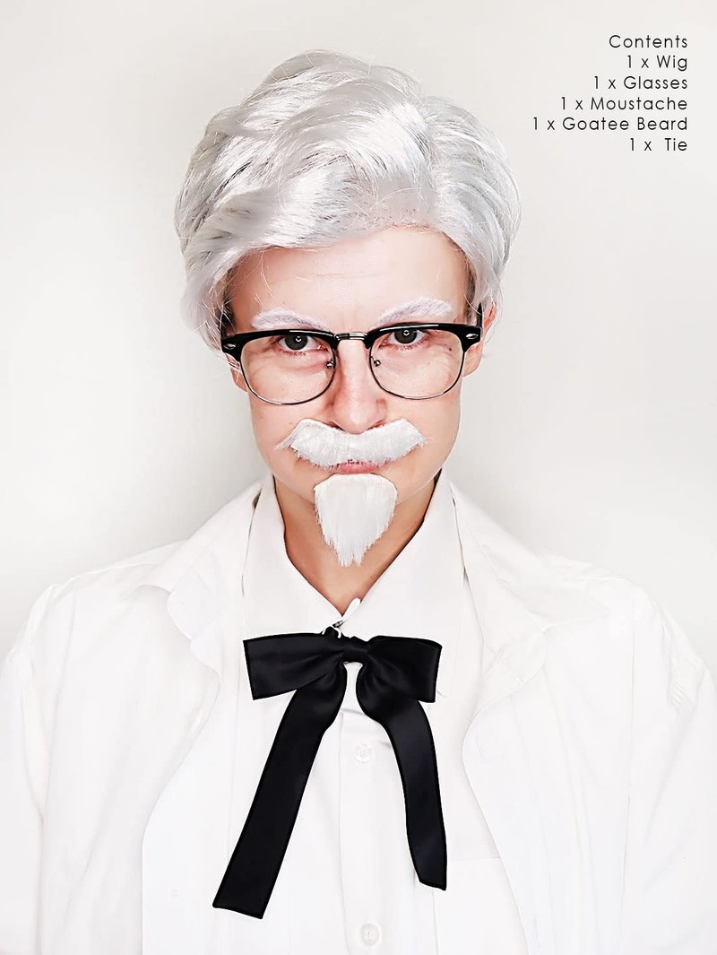ALLAURA Compatible with Colonel Sanders Wig – Old Man Costume Set with White Wig, Beard, Mustache, Glasses & Tie – Realistic Hair for Adults, Funny Fast Food Icon Look, Halloween Cosplay, Party Outfit