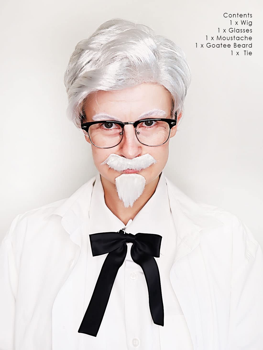 ALLAURA Compatible with Colonel Sanders Wig – Old Man Costume Set with White Wig, Beard, Mustache, Glasses & Tie – Realistic Hair for Adults, Funny Fast Food Icon Look, Halloween Cosplay, Party Outfit