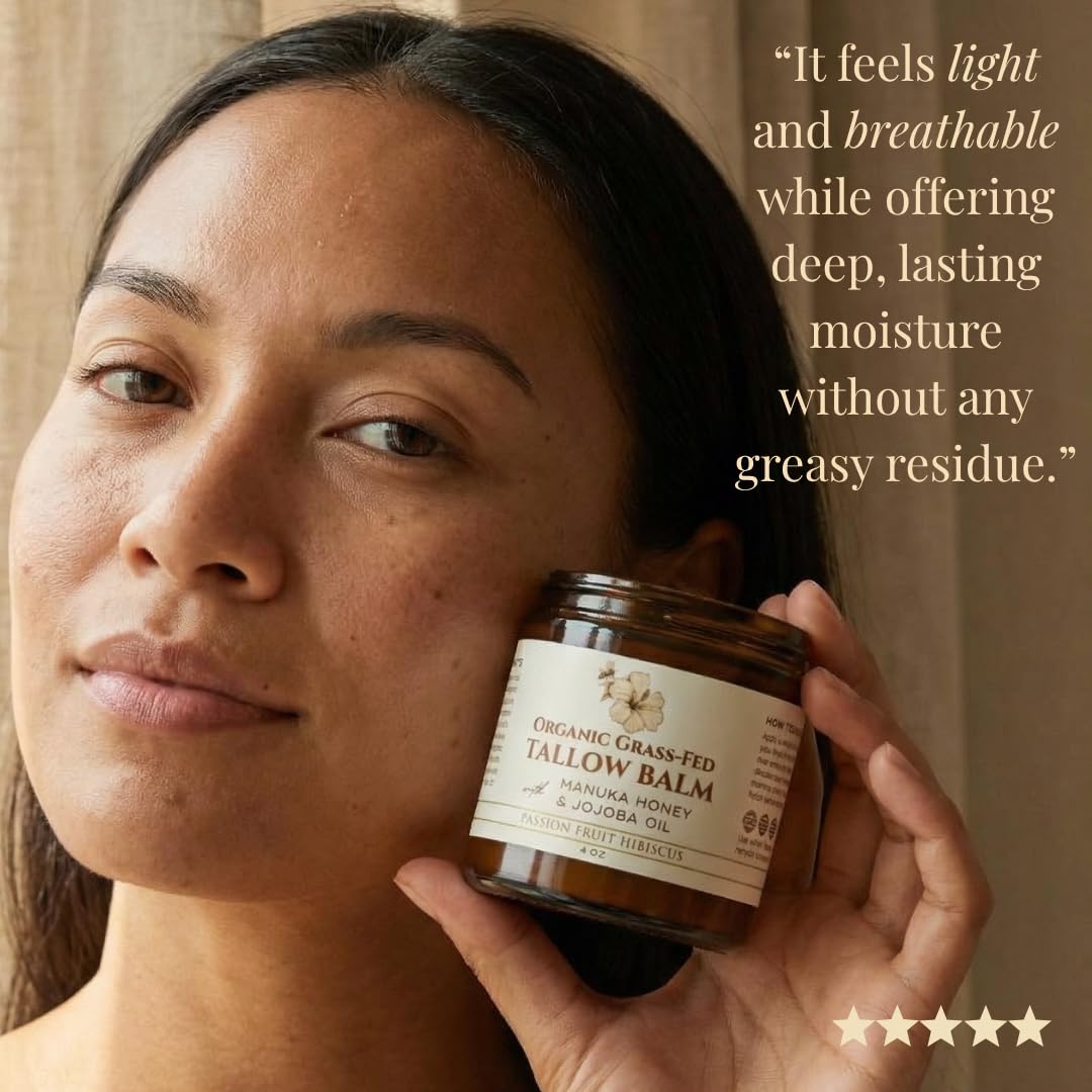 Eavara Beef Tallow for Face, Moisturizer with Manuka Honey & Pure Essential Oils, Organic Face & Body Balm, Natural Skincare with Jojoba, Sweet Almond, Tamanu & Baobab Oils, Made in USA, 4oz