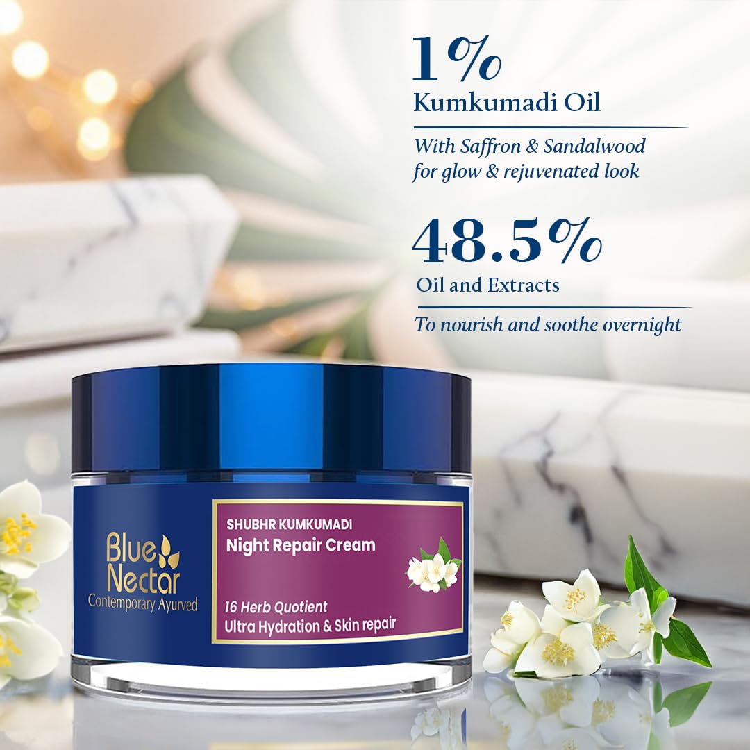Blue Nectar Kumkumadi Night Cream with Jasmine for Glowing Skin (1.7 Fl Oz) & Kumkumadi Gentle Face Cleanser with Saffron (3.38 Fl Oz)