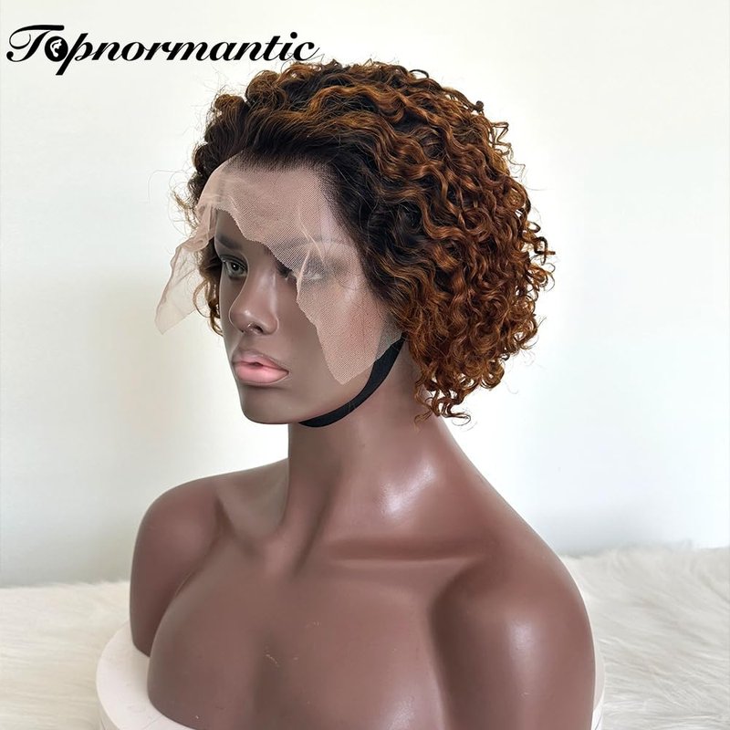 Topnormantic Pixie Cut Short Curly Wigs for Black Women Human Hair #1b/30 13x4 Transparent Glueless Lace Front Wigs Pre Plucked with Baby Hair Brazilian Virgin Hair Ombre Color Curly Bob Wigs 6 Inch