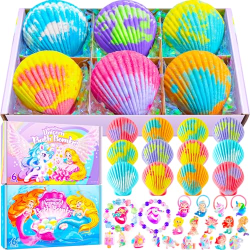 Shell Bath Bombs for Girls ? 12 Pack Child-Safe Aromatherapy Bath Bombs with 20 Surprise Toys Inside, 6 Fruity Scents in 2 Gift Boxes (Mermaid & Unicorn Themes), Christmas Gift for Kids