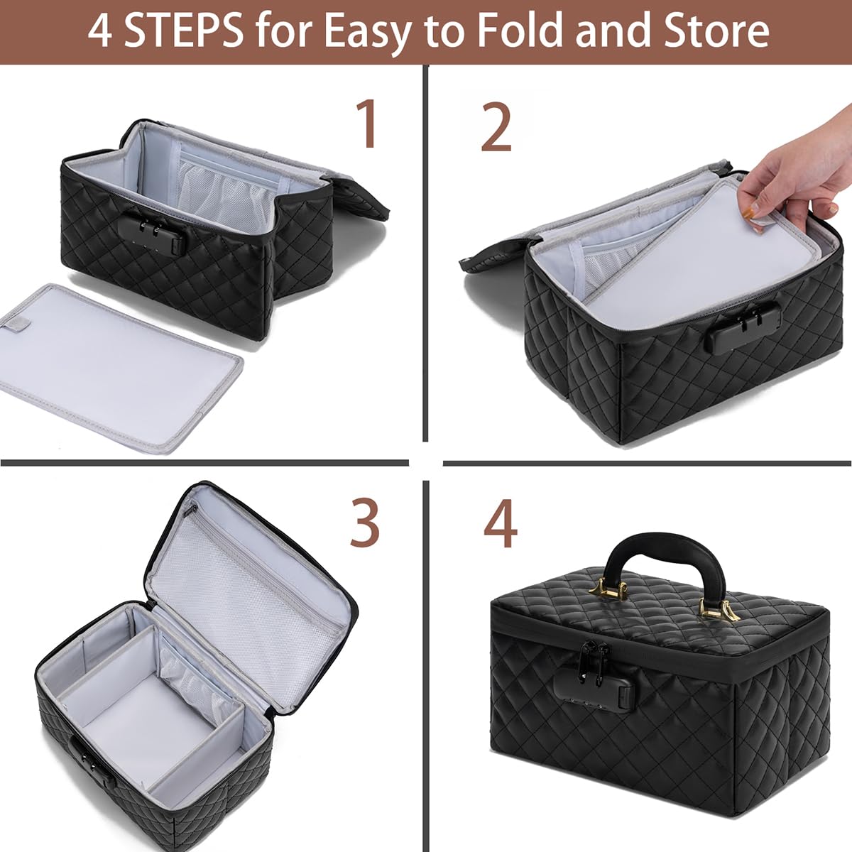 KaAutoler Portable makeup box with Lock, Large Capacity Travel Makeup Case Organizer, Makeup Bags for Girls Traveling With Handle and Divider Makeup Bag (Black)