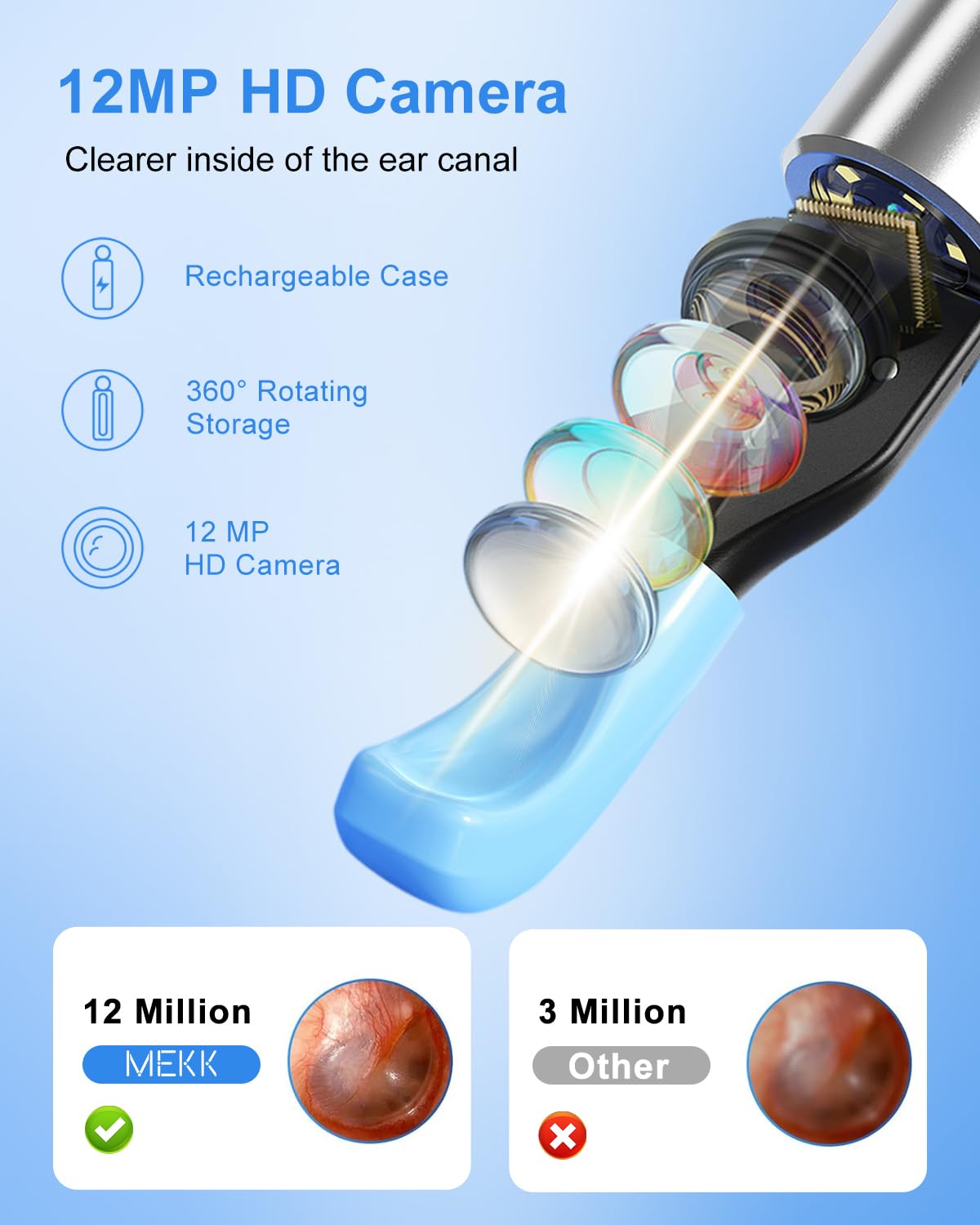 MEKK Smart Ear Wax Removal Kit S5-10MP HD Visual Ear Cleaner with Precision Tweezers, 12 Tools & Travel Case - Wireless Otoscope for iOS/Android (White-S5)