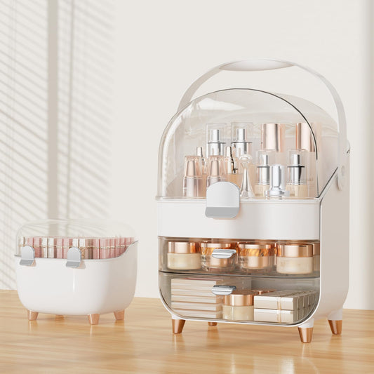 CLBDRESS Makeup Organizer for Vanity with perfume Storage Box, Countertop Skincare Organizer with 2 Drawers, Cosmetic Display Case for Perfumes, Eyeshadow Palettes, Nail Polishes, Rose Gold