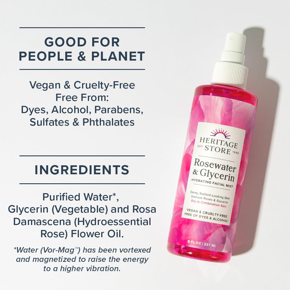 HERITAGE STORE Rosewater & Glycerin and Rosewater Toner | Deep Hydration Bundle for Dewy, Glowing Skin | Vegan | 8oz ea