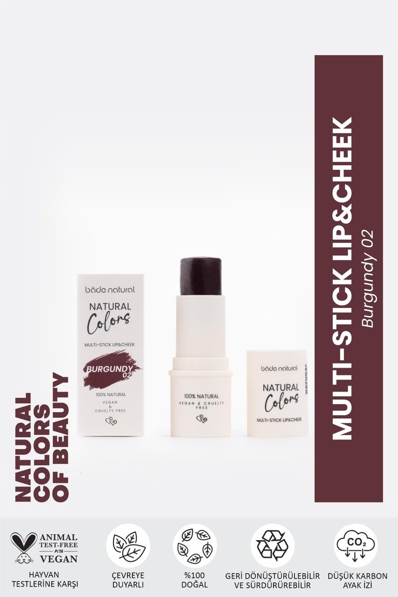 Bade Natural Lip & Cheek Color Stick – Burgundy 02 – Buildable Cream Tint for Lips and Cheeks, Multi-Use Blendable Formula, Soft Dewy Finish
