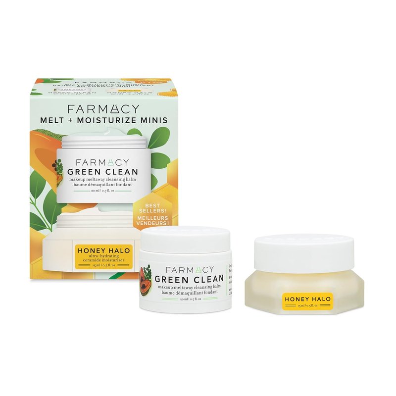 Farmacy Ceramide Face Moisturizer & Cleansing Balm Duo - Travel Size Skin Care Set | Green Clean Makeup Remover & Honey Halo Moisturizer (2 Count)
