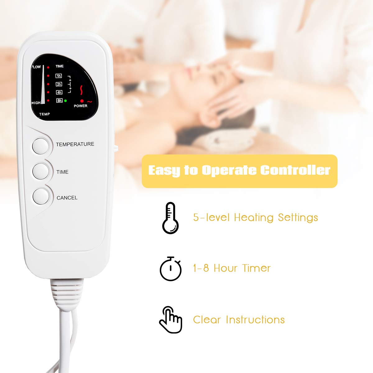 Giantex Massage Table Warmer, Heated Mattress Pad, Electric Heating Pad with 5 Heat Settings, 12 Ft Cord and Overheat Protection, Digital Timer, 71 x 30 Inches Massage Bed Warmer for Spa Table, White