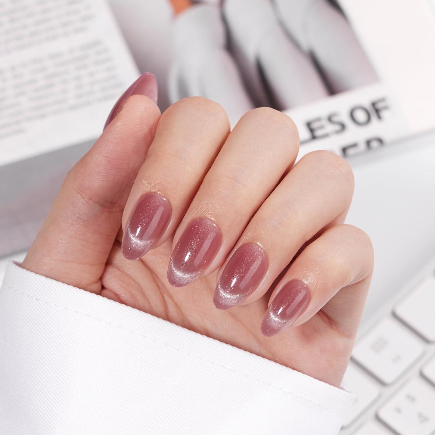 VSALON Short Almond Press on Nails Holographic French Rose Pink Cat Eye