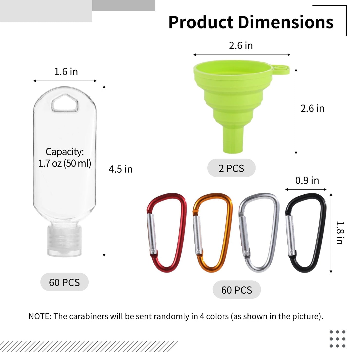60 PCS Keychain Empty Hand Sanitizer Bottles - 1.7 oz Portable Keychain Travel Bottles, Empty Squeeze Plastic Bottle with Flip Cap, Refillable Containers with 2 Foldable Funnels for Shower Gel Lotion