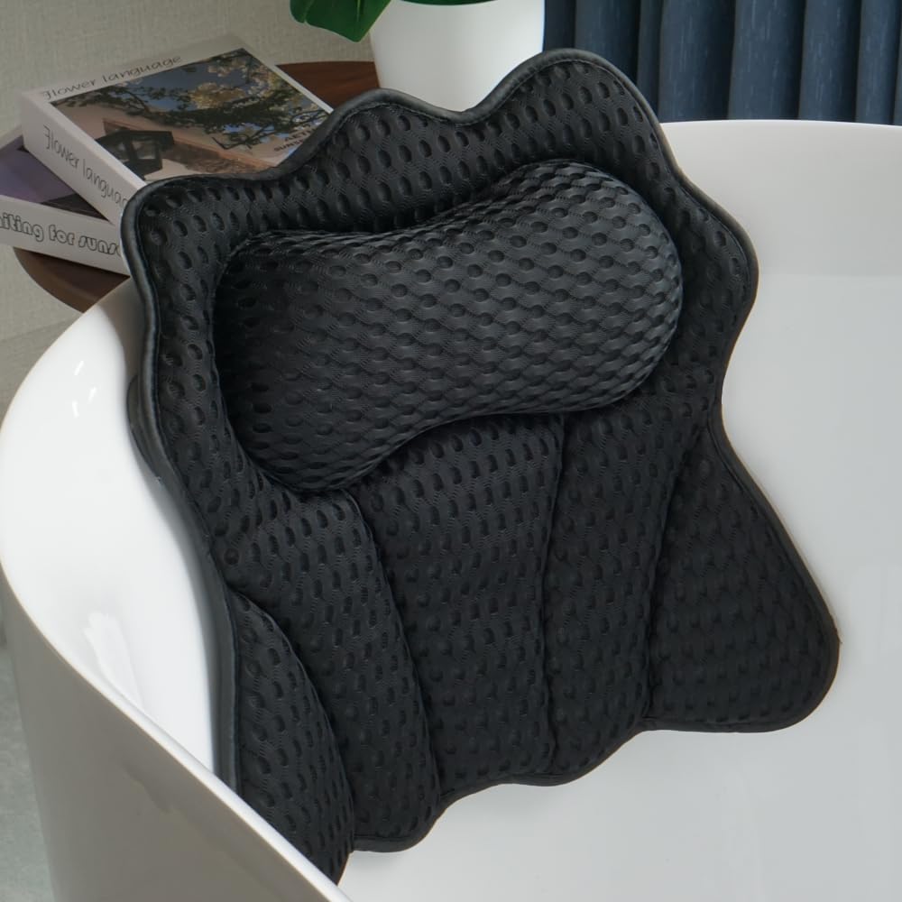 Joeyset Bath Pillows for Tub, Bath Pillow, Bathtub Pillow, and Luxury Bath Accessories for Head, Neck & Back Support, Relaxing Spa Bath Tub Pillow with 6 Strong Suction Cups (Black)