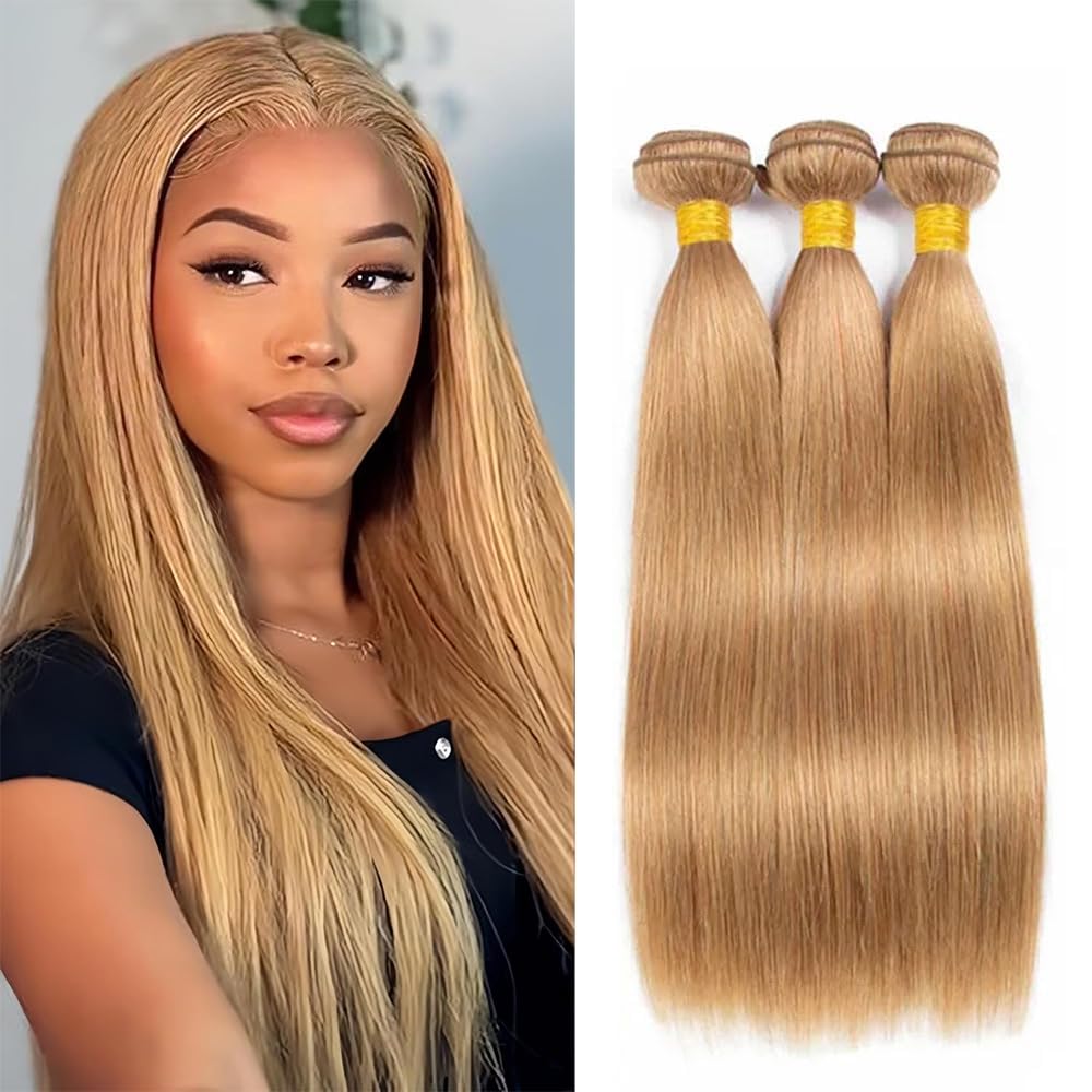 Honey Blonde Human Hair Bundles 16 18 20 Inch Straight Bundles Human Hair Unprocessed Native Virgin Hair 100/PC 3 Extensions #27 Blonde Color Wet and Wavy Human Hair Extensions for Women