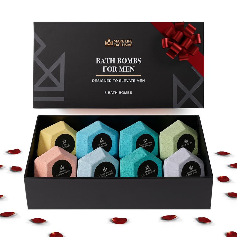 Bath Bombs for Men - 8 Large Diamond-Shaped Natural Bath Bombs | Relaxing Bubble Bath Set with Masculine Scents