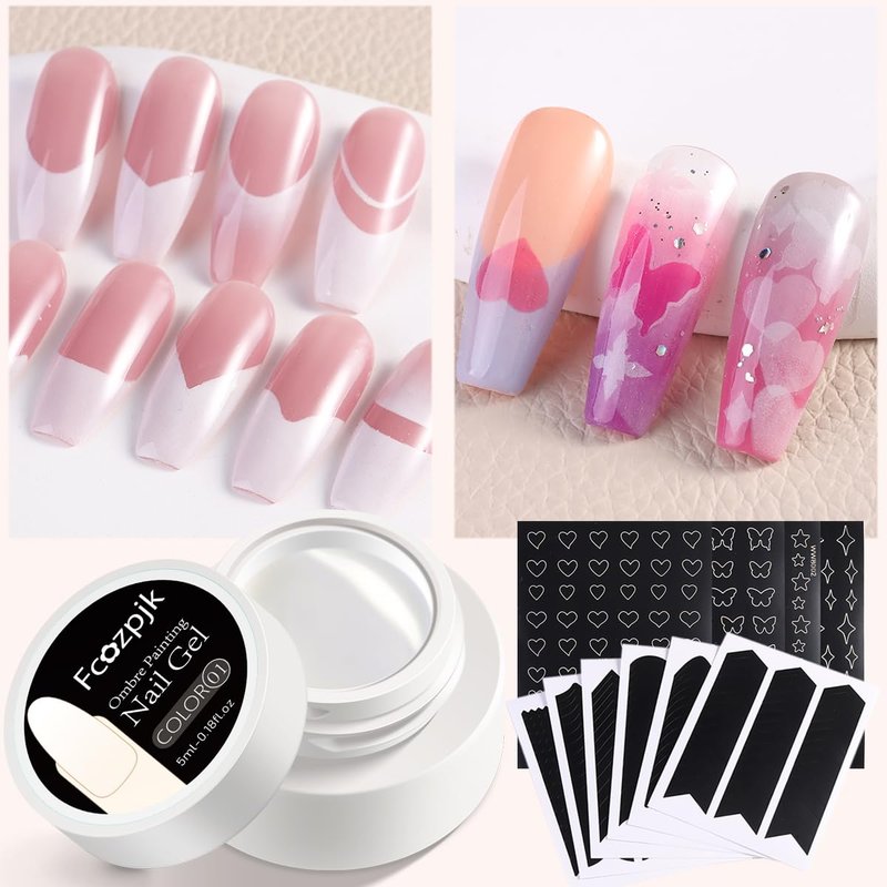 Ombre Gel Nail Polish Kit, 6PCS Colorful Painting Nail Gel Black White Pink Paint Gel for Nails Gradient Design Soak Off UV Pastel Nail Polish Set with Ombre Sponge Nail Brush French Tip Guide