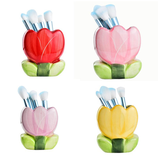 ESIW Ceramic Tulip Cosmetic Storage Box, Desktop Organizers Make Up Brush Storage Stand Desktop Storage Box for Brush,Pencil,Art Supplies, Painting Brush (Pink+Purple+Red+Yellow)