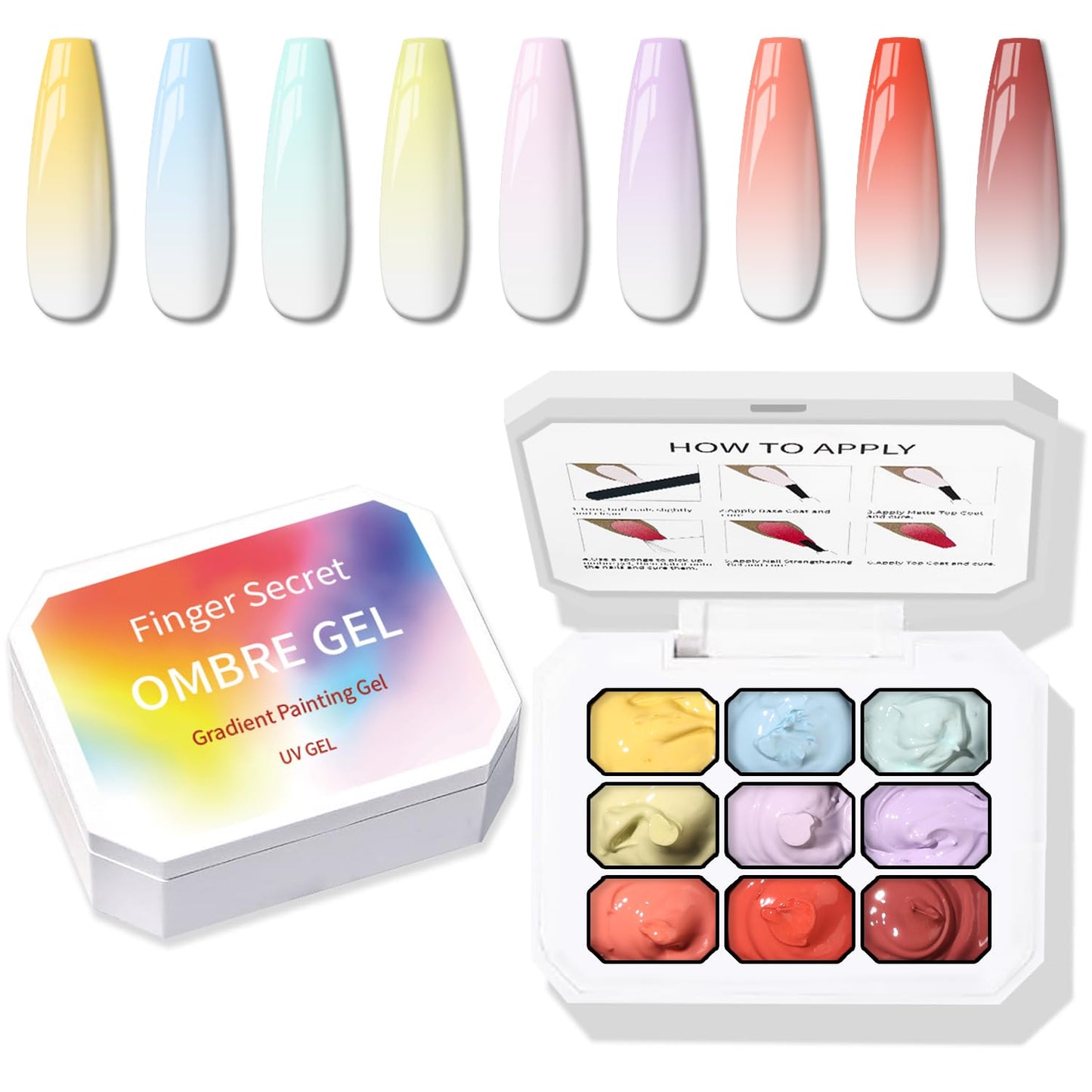 Ombre Nail Gel Set - 9 Colors Sponge Pat Paint for Floral Nail Art, No Wipe, UV/LED Curing
