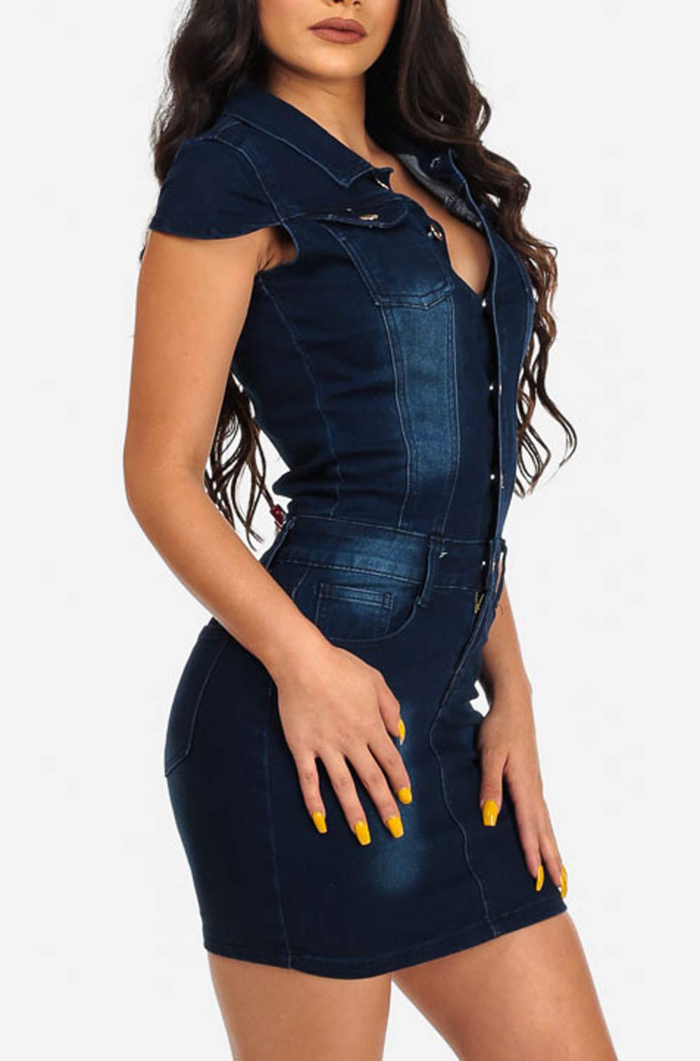 chouyatou Women's Cap Sleeve Bodycon 1/2 Button Placket Mini Denim Pencil Dress (Small, Dark Blue)
