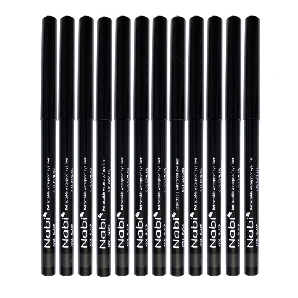 Beauty Spot (12pcs) Nabi Retractable Waterproof Eyeliner Pencil - Long Lasting Fade Resistant Formula - Quick Makeup Remover (Black)