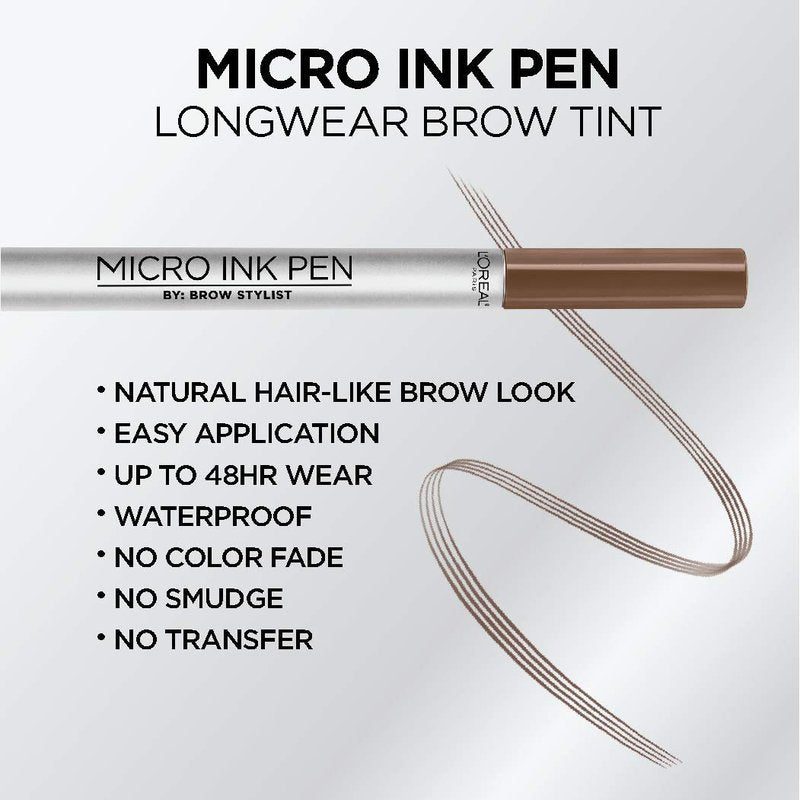 L'Oreal Paris Micro Ink Pen by Brow Stylist, Longwear Brow Tint, Hair-Like Effect, Up to 48HR Wear, Precision Comb Tip, Light Brunette, 0.033 fl; oz.