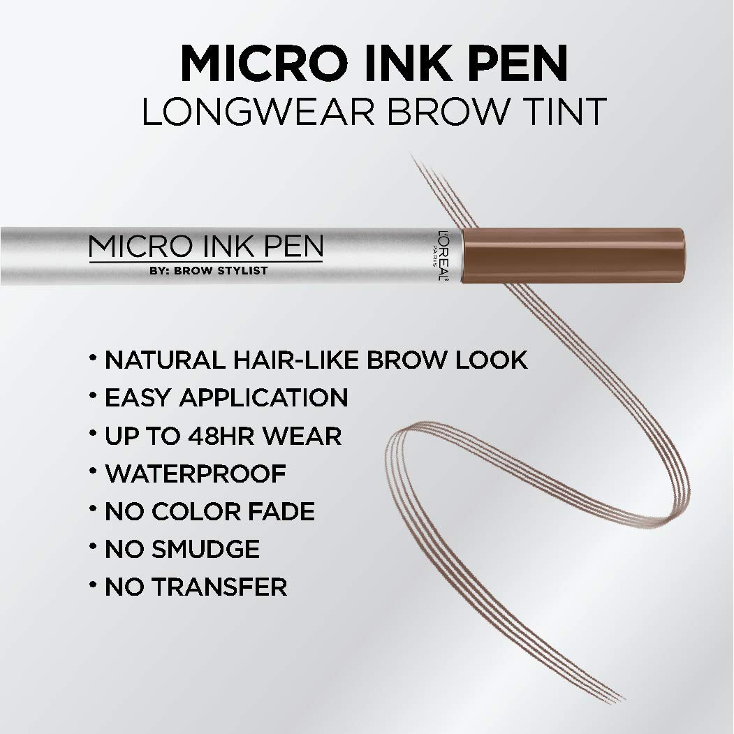 L'Oreal Paris Micro Ink Pen by Brow Stylist, Longwear Brow Tint, Hair-Like Effect, Up to 48HR Wear, Precision Comb Tip, Light Brunette, 0.033 fl; oz.