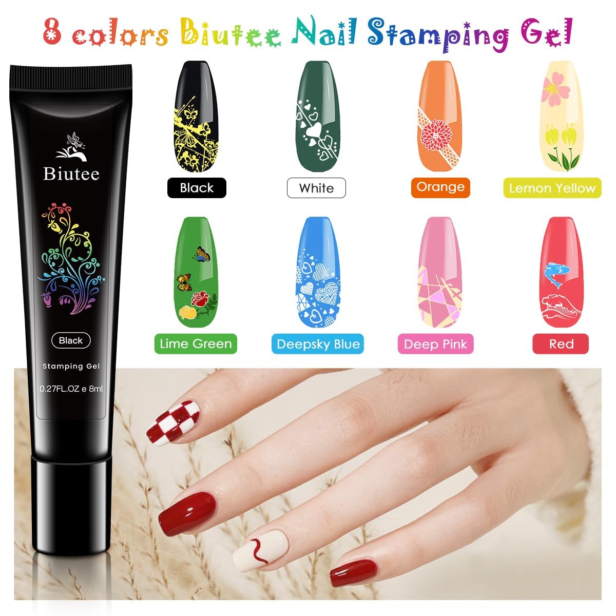 Biutee 15PCS Nail Art Stamping Plate 8 Nail Stamping Gel Polish Nail Stamping Kit Nail Stamper Scraper with Storage Bag, Lace Flower Butterfly Star Design Nail Stamp Template Kit for DIY Nail Art