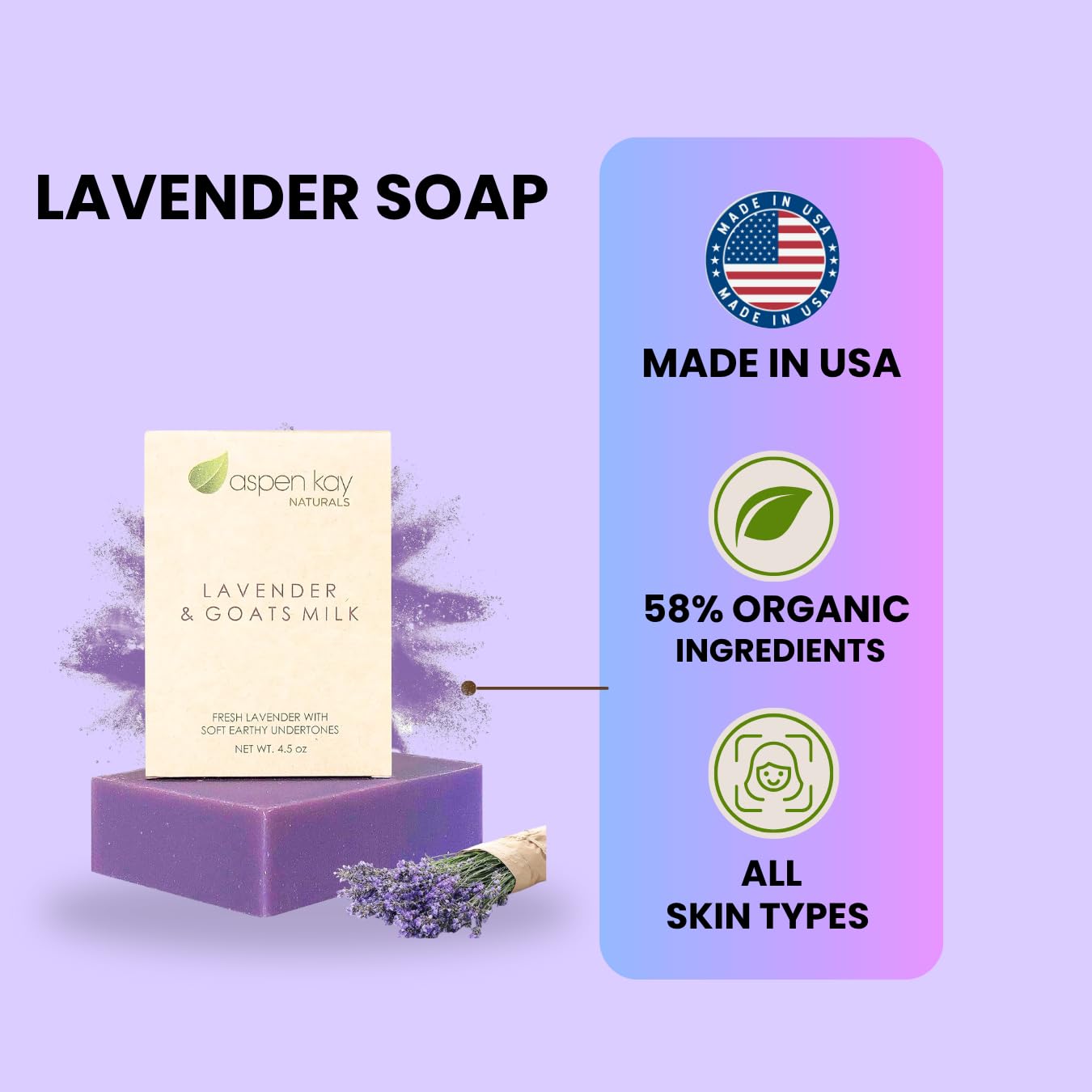 Aspen Kay Naturals Lavender and Goats Milk Soap Bar. Natural Lavender Soap with Organic Shea Butter & Pure Essential Oils. Gentle for Face and Body. For Men, Women & Teens. Handmade in USA. (3 pack)