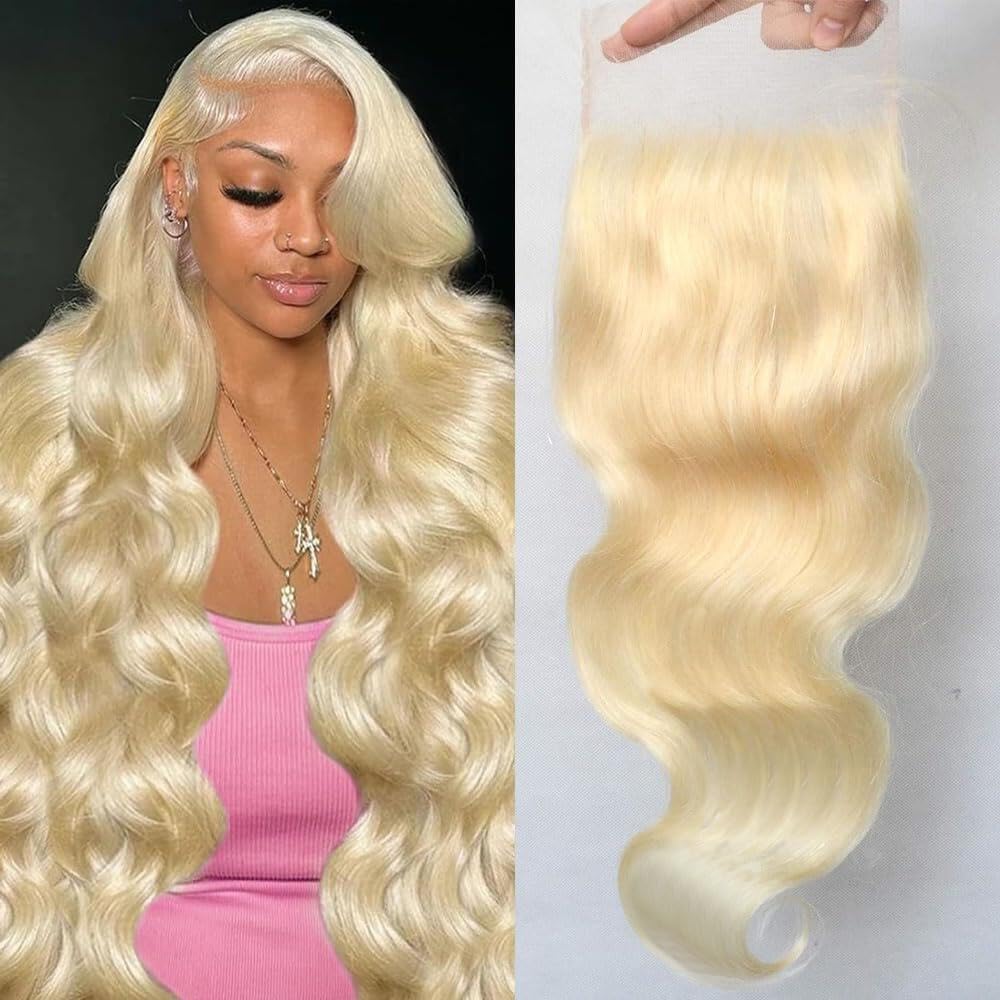 QTHAIR 18A Russian Blonde #613 Transparent Lace Frontal Closure 100% Russian Blonde Human Hair for Female (16", 613 Body Wave Closure)