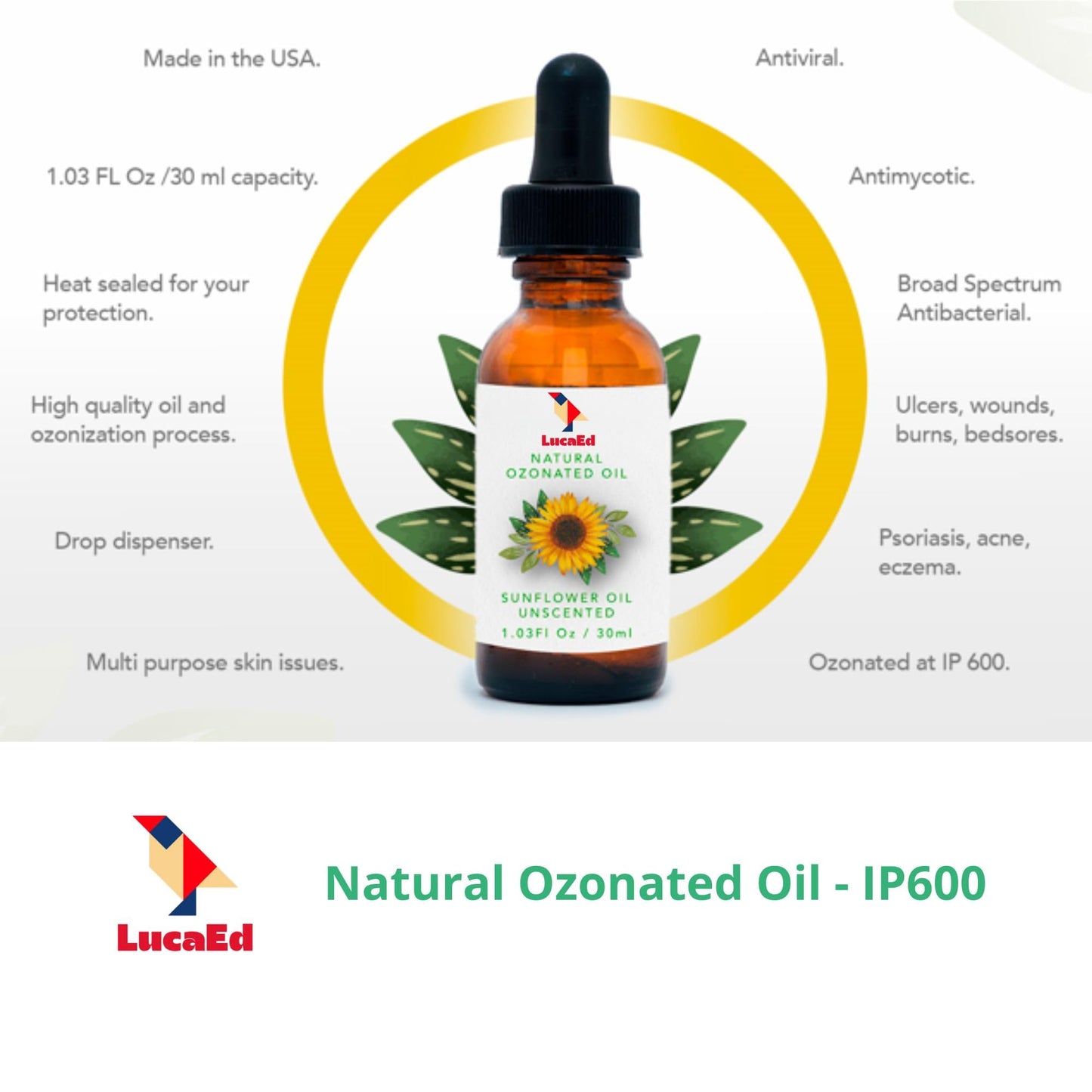 LucaED Ozonated Sunflower Oil for Face & Body – Boosts Collagen, Soothes Sensitive Skin, Hydrates Dry Skin & Supports Healthy Nails – Vegan & Paraben-Free - 1.03Oz/30ml