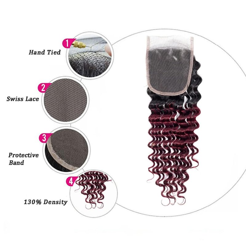 1b99j Burgundy Deep Wave Ombre Closure 4x4 Transparent Lace Closure Human Hair Unprocessed Brazilian Virgin Remy Hair High Density 2 Tone 1b/99j Wet And Wavy Deep Curly 18 Inch