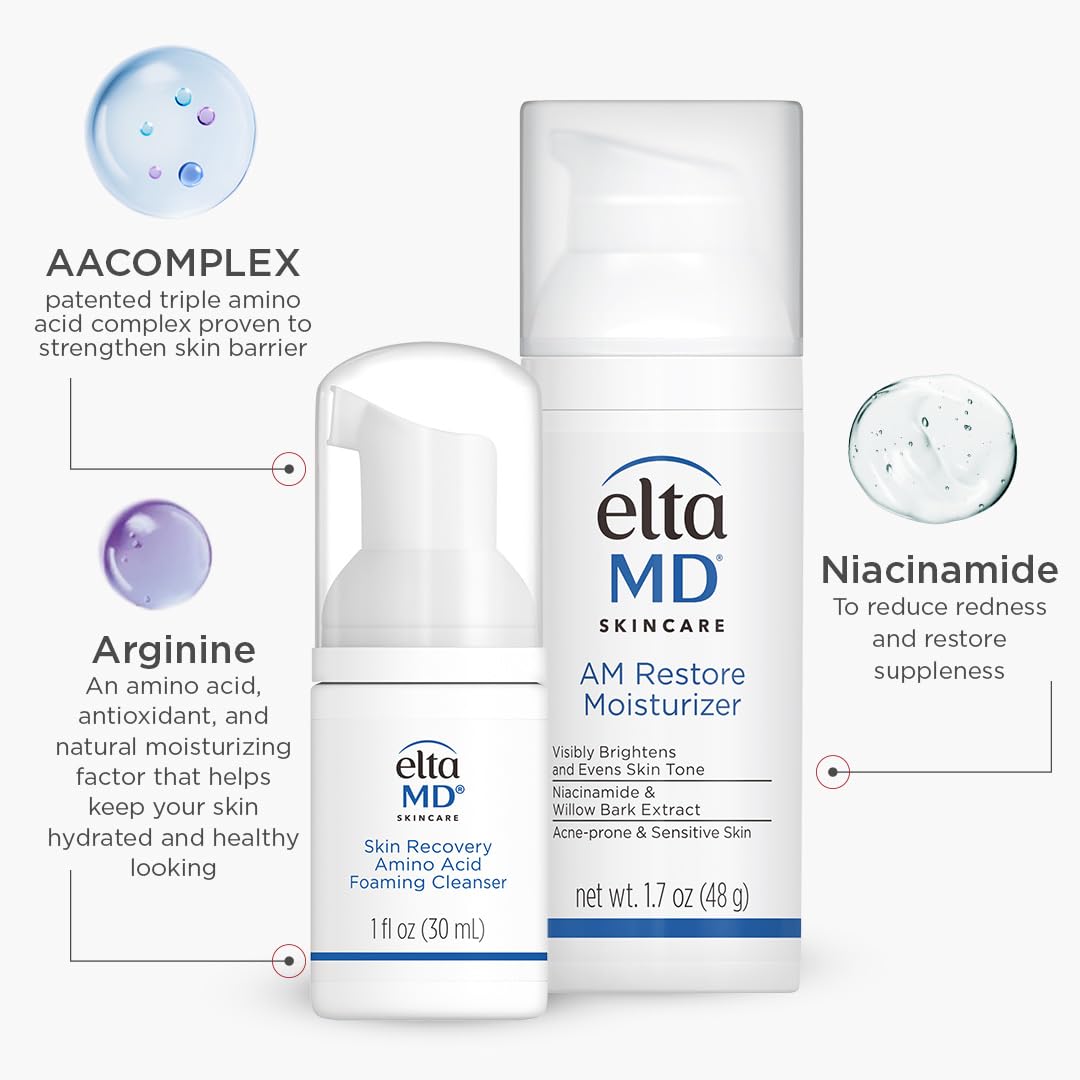 EltaMD AM Restore Face Moisturizer and Skin Recovery Amino Acid Foaming Facial Cleanser Set, For Acne-Prone and Sensitive Skin, 1.7 Fl Oz Moisturizer and 1 Fl Oz Face Cleanser