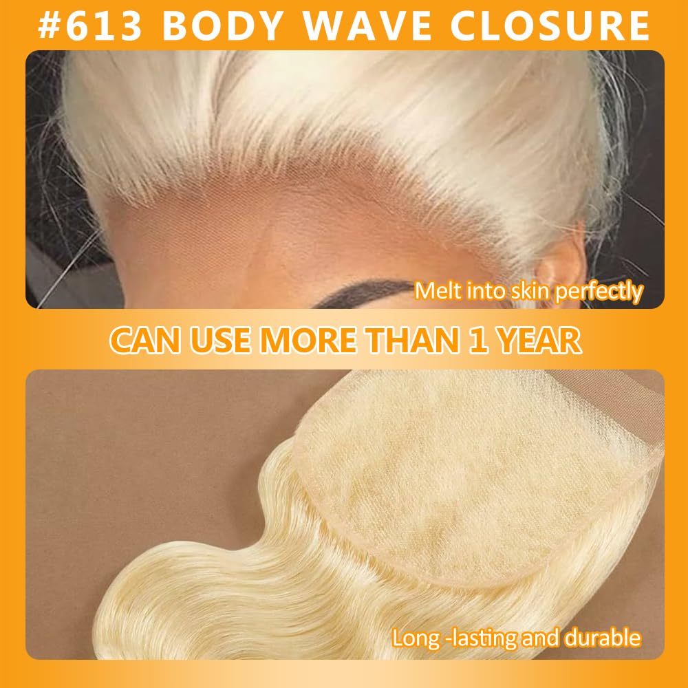 QTHAIR 18A Russian Blonde #613 Transparent Lace Frontal Closure 100% Russian Blonde Human Hair for Female (16", 613 Body Wave Closure)