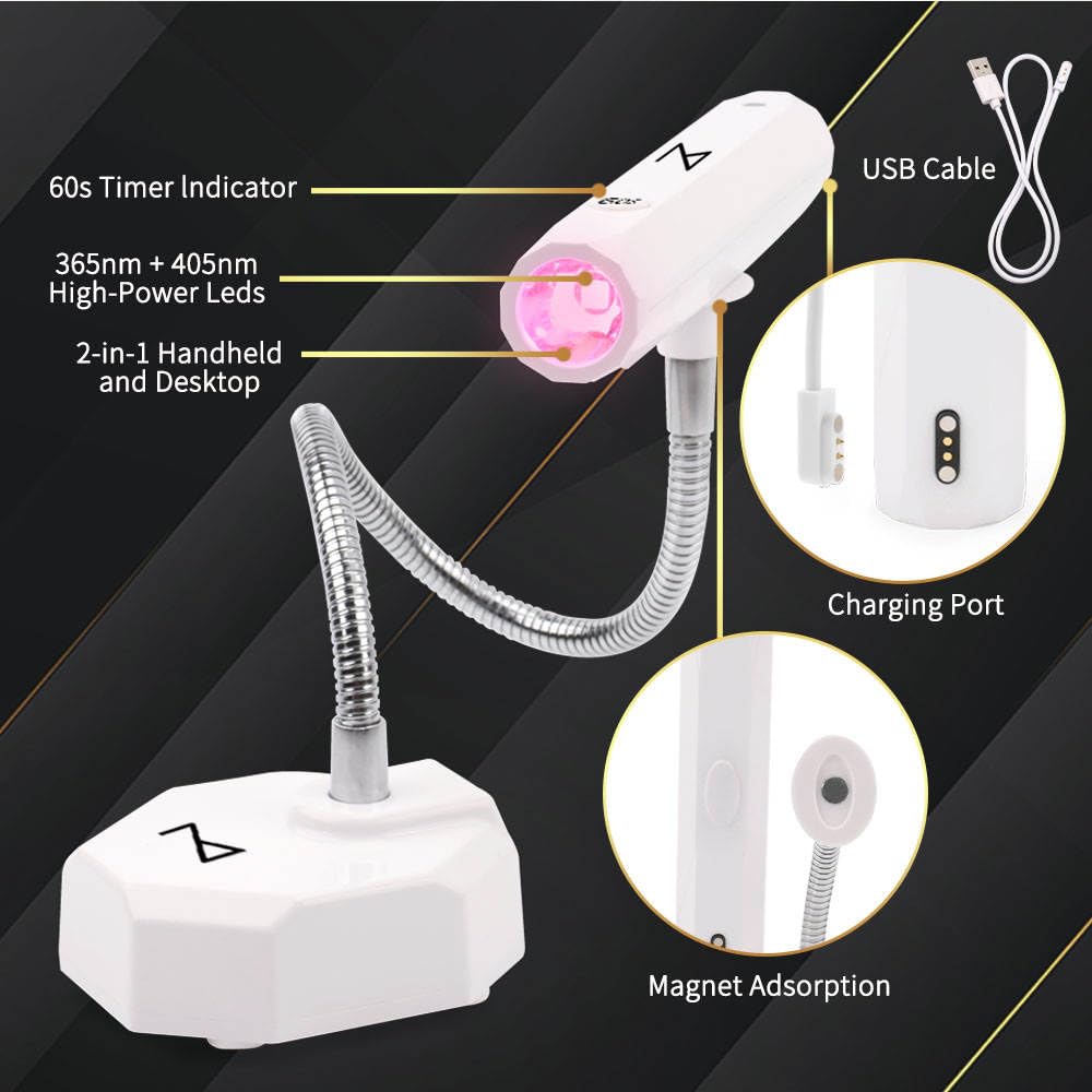 M-CuraLite 2-in-1 Handheld & Desktop Nail Flash Cure Lamp with Focus Beam Technology, UV & LED Light - for Gel X, Acrylic, Builder - Portable & Adjustable, Soft Gel Tips & Nails Repair (White)