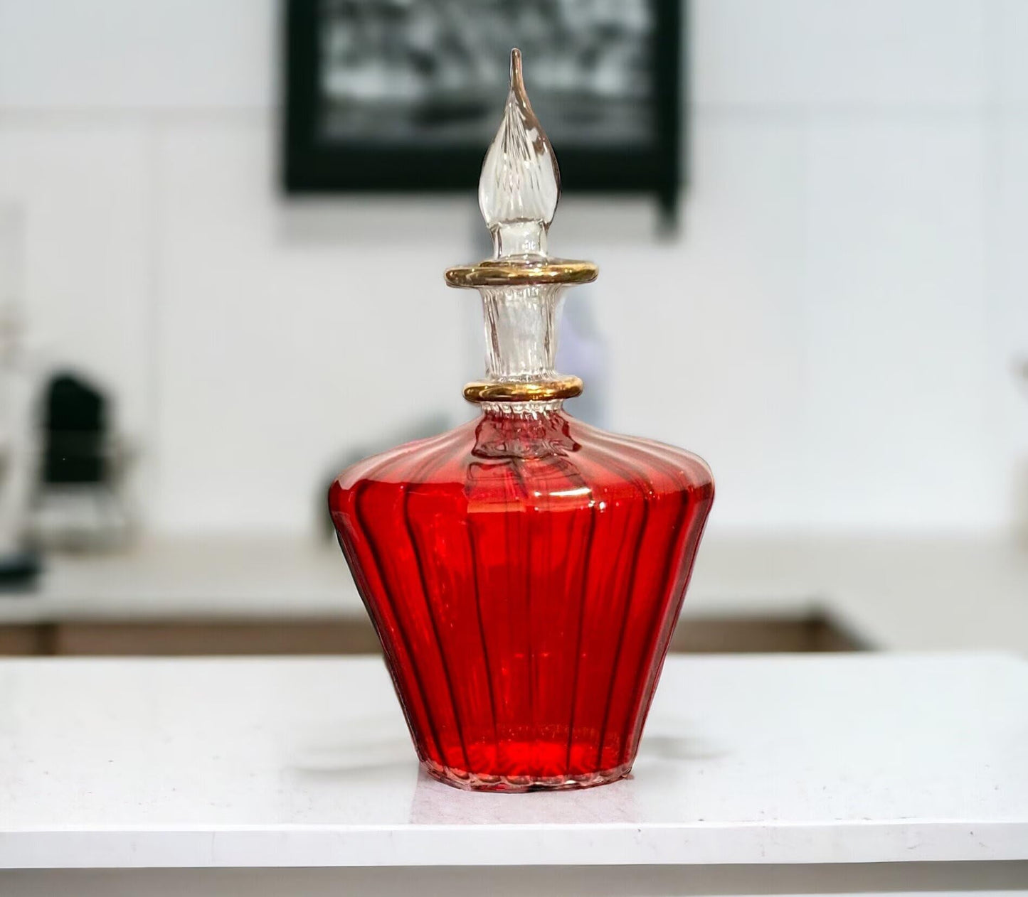 Les Trois Pyramides Hand-Blown Red Glass Perfume Bottle with 14K Gold Detailing | Refillable Decorative Glass Bottle | Egyptian Art