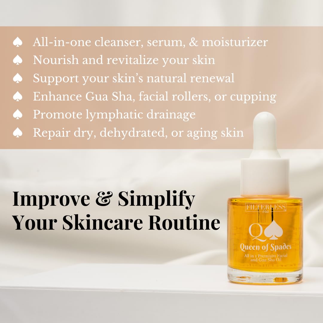 FilterLESS Era Queen of Spades All-in-One Gua Sha Oil & Serum | Jojoba, Squalane & Rosehip Face Oil | Anti-Aging Serum & Moisturizer | Essential Oils for Skin & Gua Sha Facial