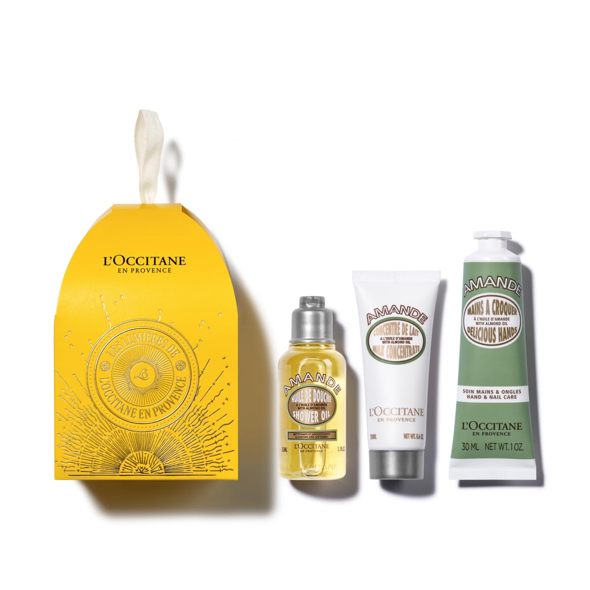 L’Occitane Almond Holiday Ornament Beauty Gift Set, 3-Piece Moisturizing Skincare Trio, Travel-Size Shower Oil, Body & Hand Cream Minis for Soft Skin